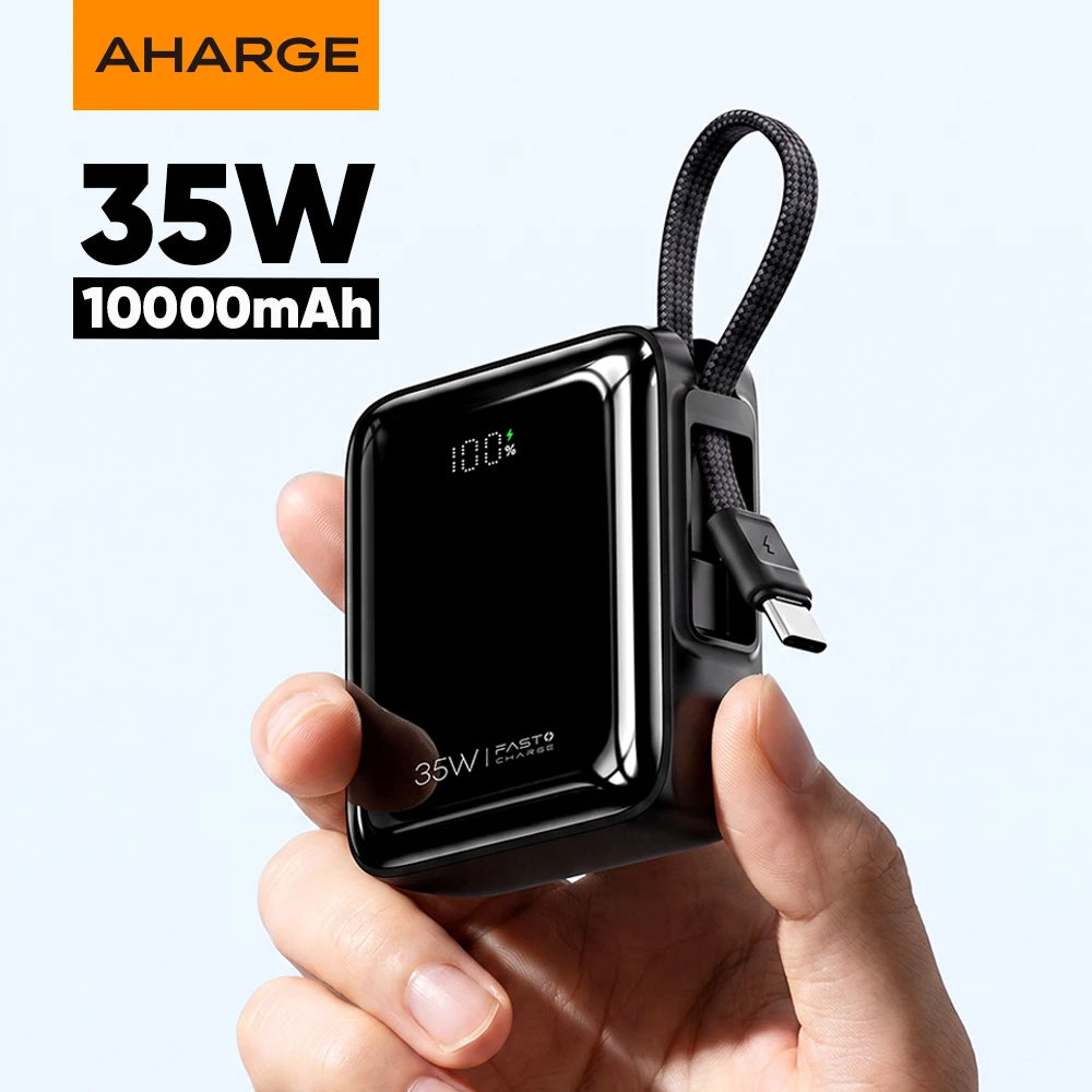 AHARGE 35W Mini Power Bank 10000mAh Built-In USB-C Cable Pocket-Sized PowerBank Fast Charging Portable For iPhone 18 Samsung S25