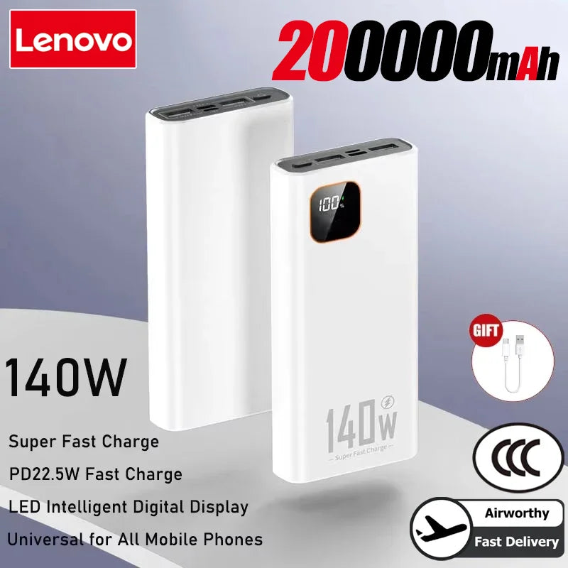 Lenovo 200000mAh 140W Ultra Capacity Power Bank Super Fast Charge CCC Certification Portable Battery Charger For IPhone Samsung Car Mobile World