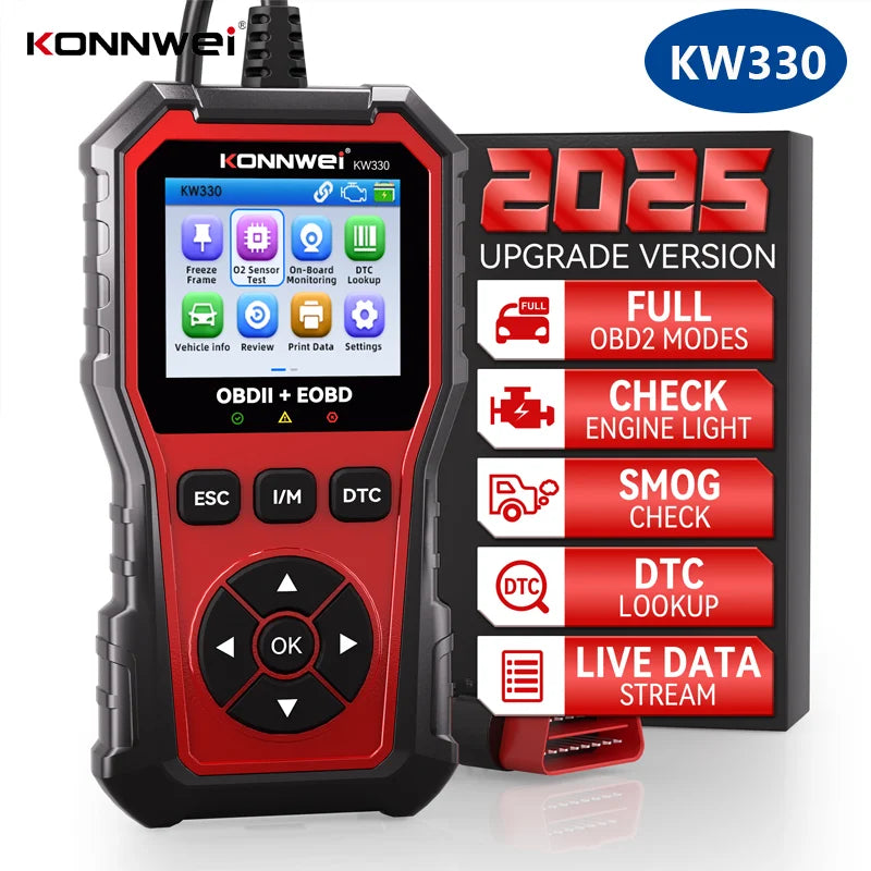 2026 KONNWEI KW330 Car OBD2 Fault Scanner Engine Battery Test  Fault Code Clear Real-Time Data Professional OBD Inspection Tool Car Mobile World