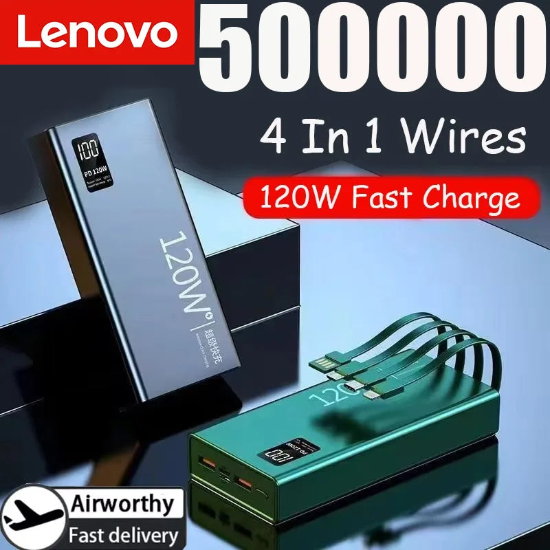 Lenovo 120W 50000mAh High Capacity Power Bank 4 in 1 Cables Super Fast Charging Power Bank Portable Charger For iPhone Samsung Car Mobile World