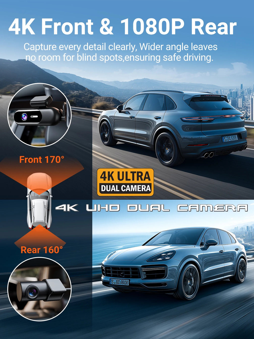 Dash Cam for Cars 4K UHD Recording Front Rear Car Camera HDR Night Vision Recorder Built in Wi-Fi 24H Parking Mode APP Monitor Car Mobile World