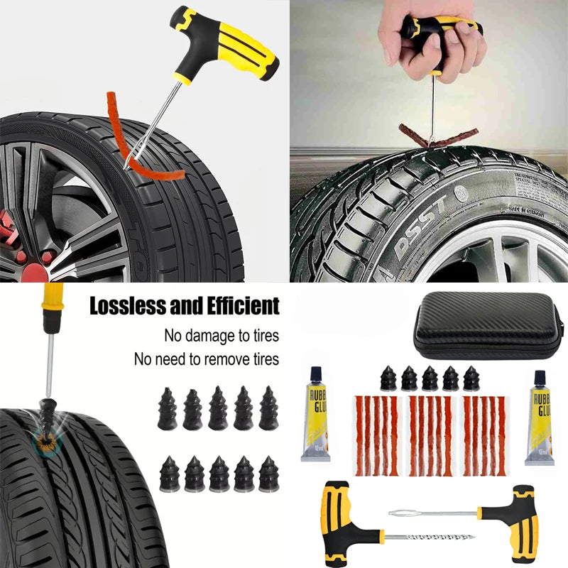 Portable Car Tire Puncture Repair Kit T-Handle Tools Glue Strips Universal for Truck Motorcycle RV Roadside Safety