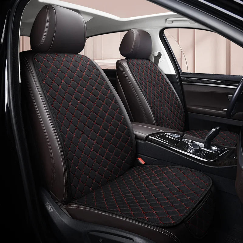 Universal Car Seat Cushion with Backrest Beige Linen Diamond Quilted Four Seasons Breathable Non-slip Auto Seat Cover Protector