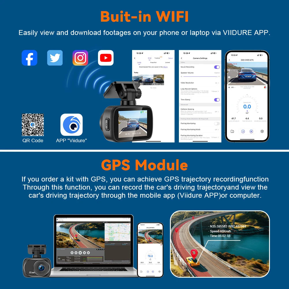 Kocam 4K Dashcam Car Dvr Dual 4K Dash Cam Support 4K Rear Camera WIFI GPS Night Vision 24H Parking Monitoring Black Box Car Mobile World