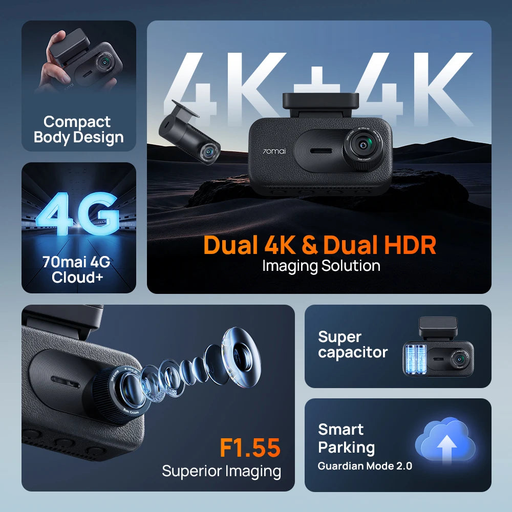 【New】70mai Dash Cam A900 Dual 4K Dual HDR f/1.55 Aperture Supercapacitor Wi-Fi 6 GPS Max 512GB 4G LTE Cloud Car DVR 70mai A900