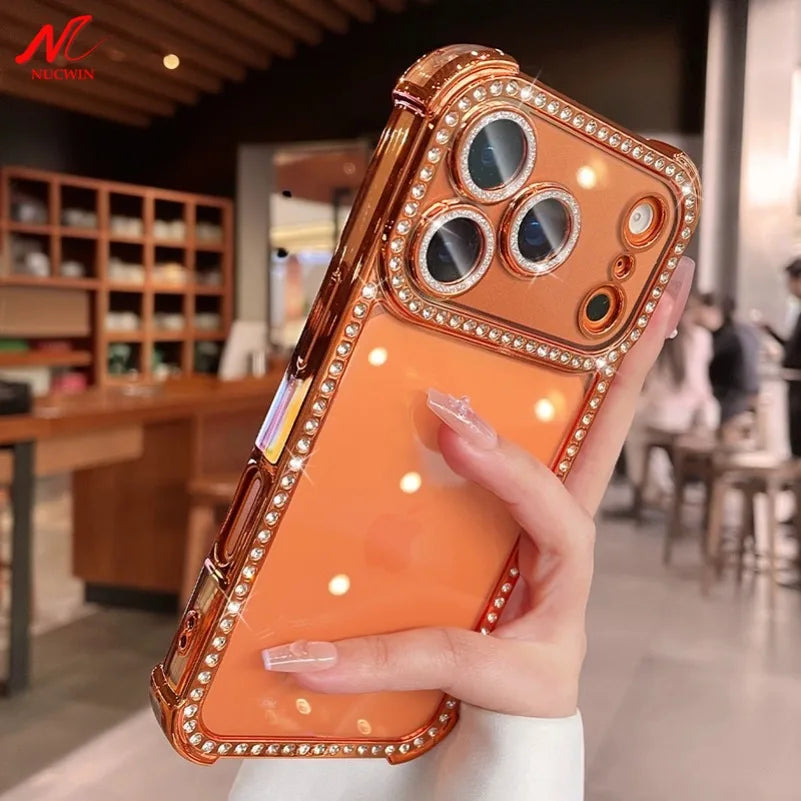 Luxury Bling Diamond Bumper Camera Protection Case For iPhone 17 16 15 14 13 Pro Max Airbag Anti-knock Transparent Soft Cover