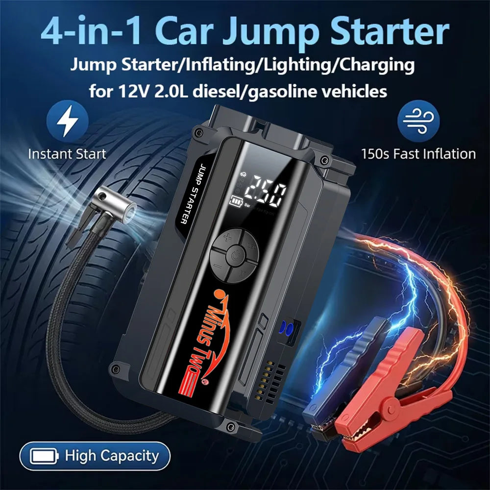 4 in 1 6000A Peak Car Jump Starter, 160PSI Air Compressor, 12V Battery Booster Power Pack for Petrol Diesel SUV with LED Light