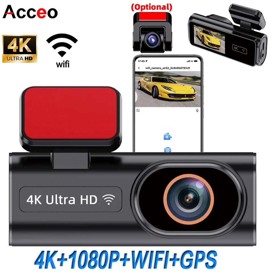 ACCEO Dash Cam WIFI GPS Mini CAR DVR Front 4K And Rear 1080P Dual Lens Black Box Room Camera Night Vision 24H Parking Monitor Car Mobile World