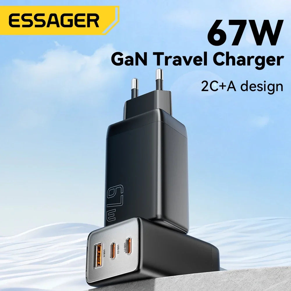 Essager 67W GaN USB-C Charger PD 3.0 QC 3.0 Fast Charge for iPhone 16 15 Pro Max Xiaomi Samsung Huawei Mate 70  Laptops Chargers Car Mobile World