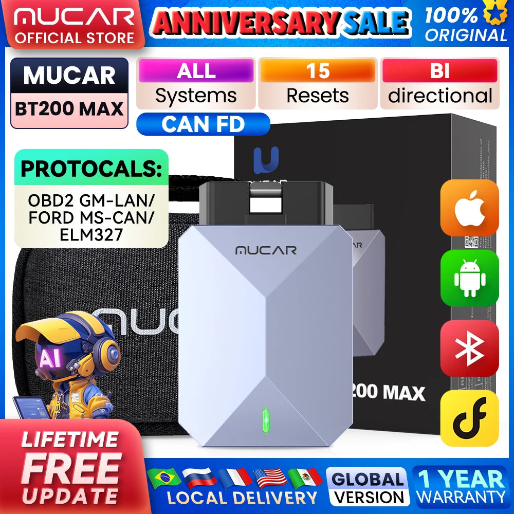 MUCAR BT200 MAX CAN FD OBD2 Scanner 15 Resets AI Car Diagnostic Tools All System Auto Scan Bi-Directional Control Free Update Car Mobile World