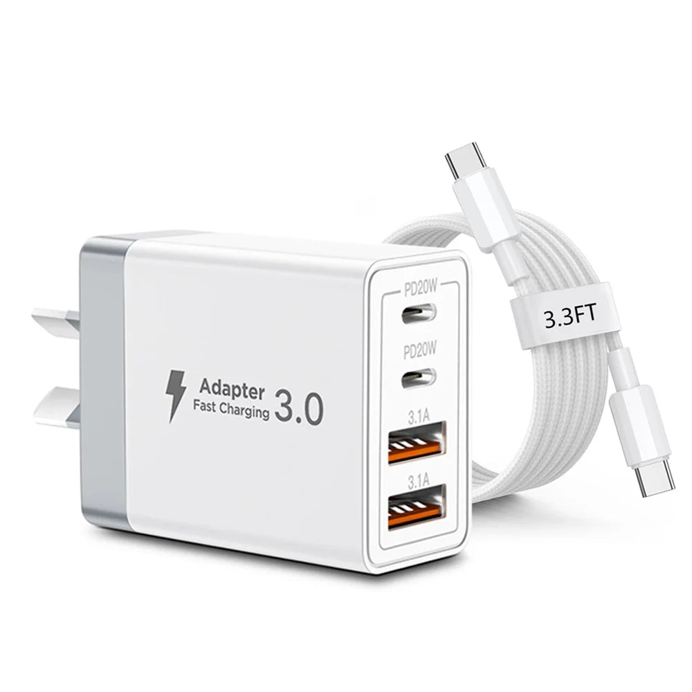 EU/UK/US/AU Plug Multi-Port USB-C/USB-A Wall Charger with Type C Cable, 40W Dual PD Fast Charging Block Mobile Phone Adapter Car Mobile World