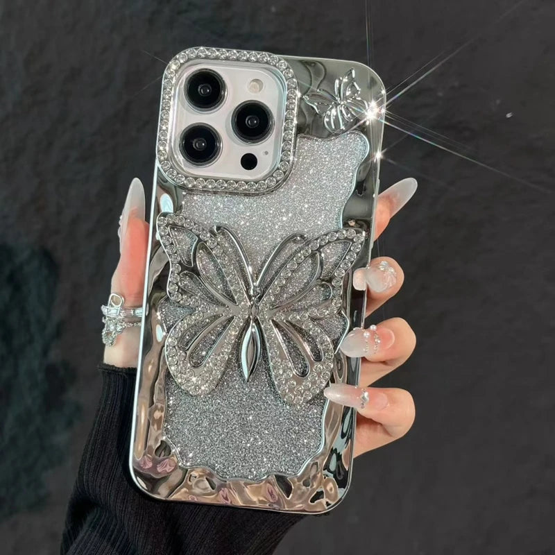 Luxury Soft Butterfly Diamond Phone Case For iPhone 11 12 13 14 15 16 17 Pro Max Plus Air Glitter Bumper Back Cases Cover