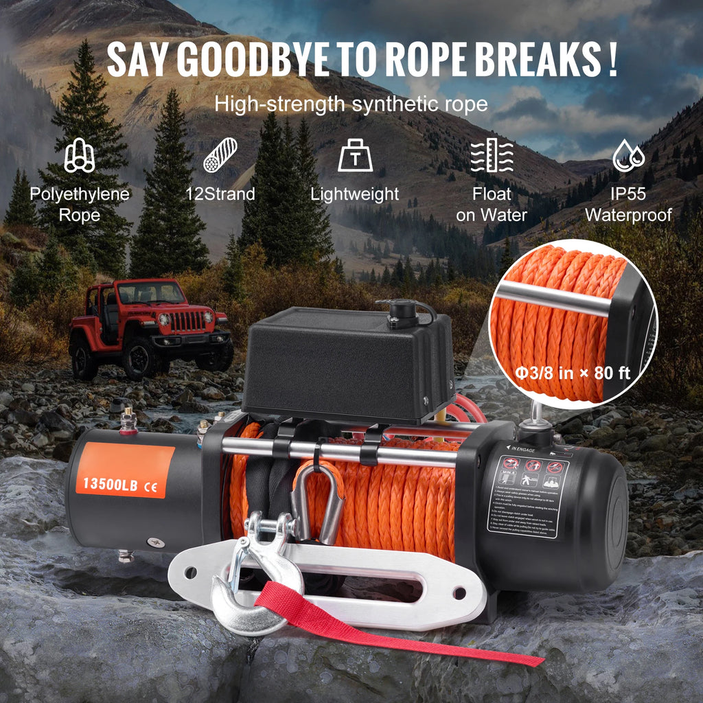 SucceBuy 13500lbs Electric Winch with 3/8in 80ft Synthetic Rope Wireless Truck Winch IP55 Waterproof for Towing Road SUV Jeep CM World