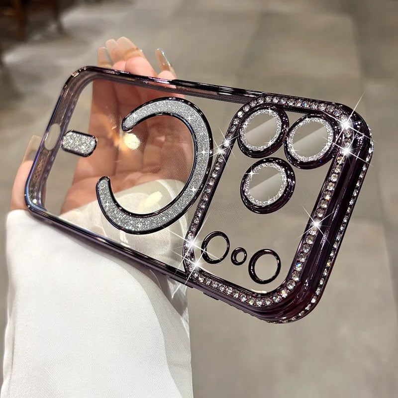 Plating Glitter Rhinestone Diamond Magnetic Phone Case For iPhone 17 Pro Max Air 17Pro For Magsafe Wireless Charging Clear Cover