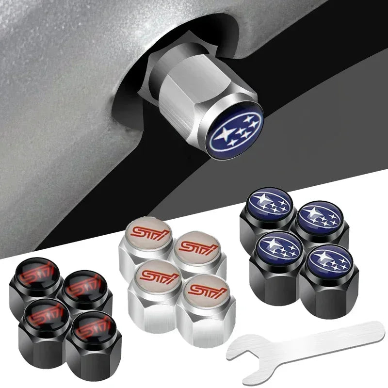 Car Wheel Tire Valve Stem Caps Air Cover with Wrench for Subaru Forester Ascent BRZ STI Exiga Legacy Outback Tribeca WRC WRX XV CM World