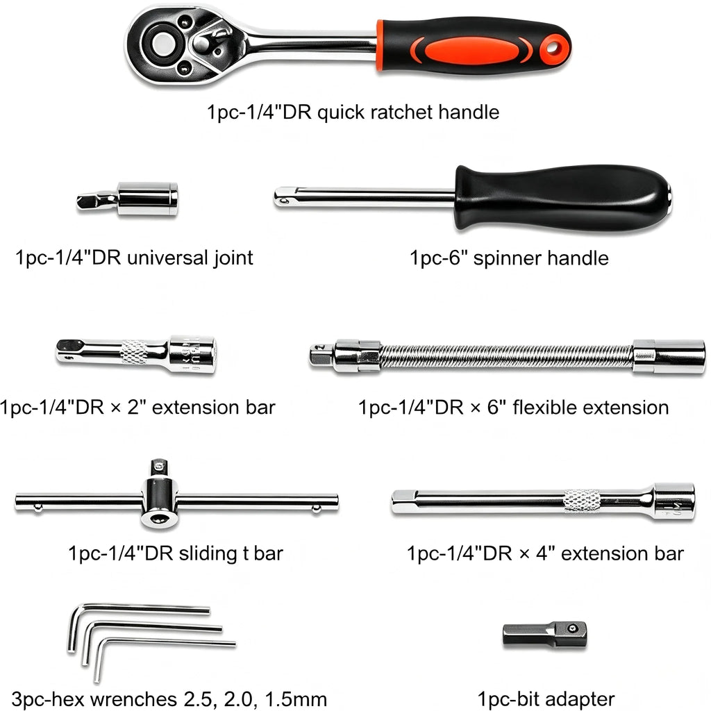 46Pcs 1/4 Inch Metric Ratchet Socket Wrench Set with Extension Bar, Portable Repair Tool Kit for Auto Household Maintenance