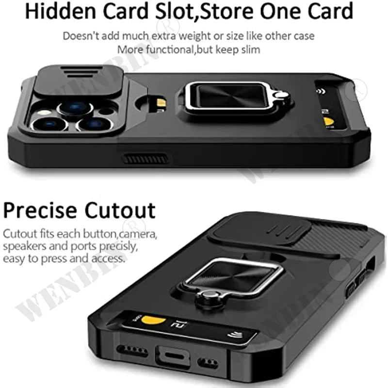 Case For iPhone 17 16 15 14 13 12 Pro Max Plus 8 7 Plus Mini Heavy Duty Protection With Sliding Camera Cover And Card Clip Cover Car Mobile World