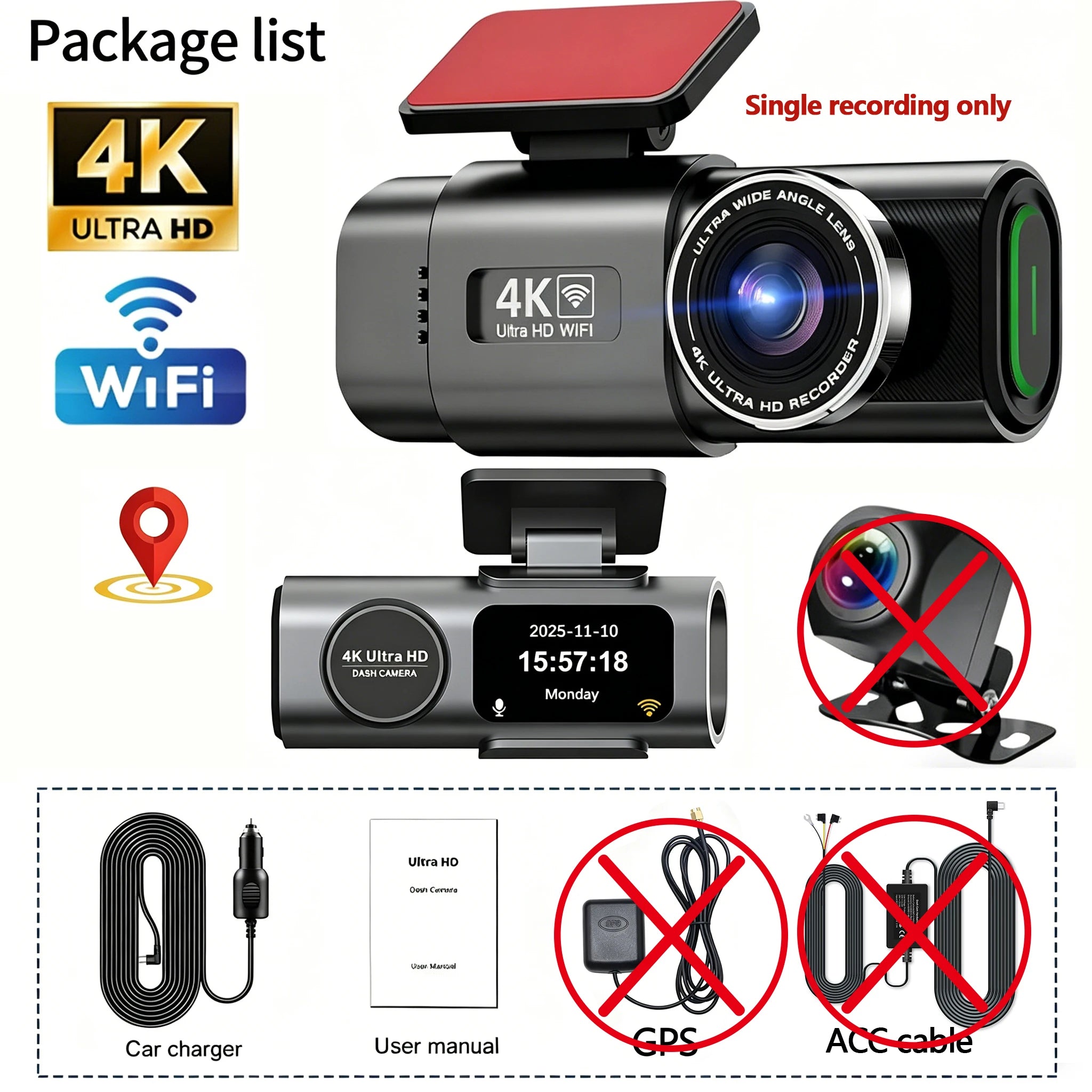 4K UHD Recording Dash Cam Video Recorder Car Camera DVR Night Vision Wi-Fi GPS 24H Parking Mini Front Rear Black Box Monitor Car Mobile World