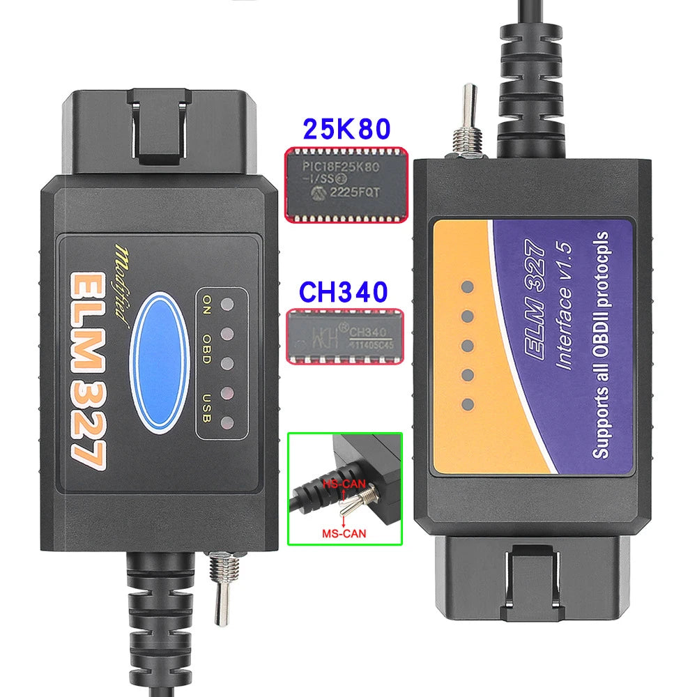 OBD2 ELM327 V1.5 USB Switch OBD Scanner for Focus ELM327 V1.5 PIC18F25K80 Modified Open Hidden for Ford Forscan HS-CAN/MS-CAN Car Mobile World