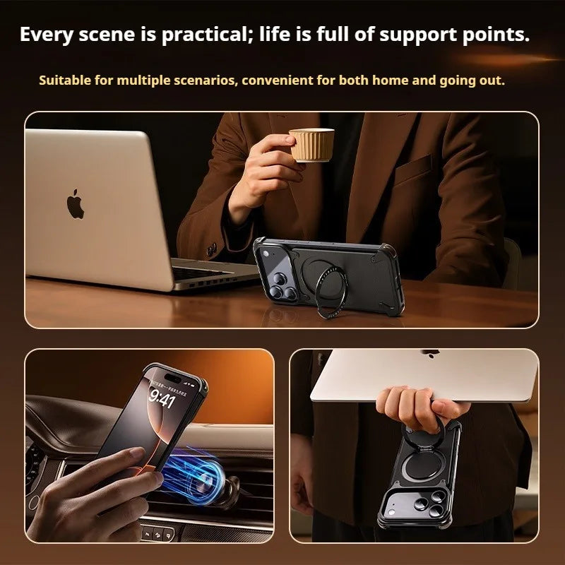 Eary for iPhone 17 Pro Max Air Phone Case Genuine Leather for Magsafe Frameless Shell 360°Rotate Magnetic Stand Anti-Drop Cover Car Mobile World