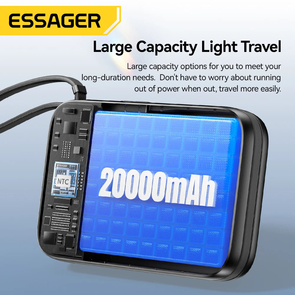 Essager Power Bank 20000mAh PD 65W Fast Charging Digital Display Portable PowerBank With 2 Cables for iPhone 16 Laptop MacBook