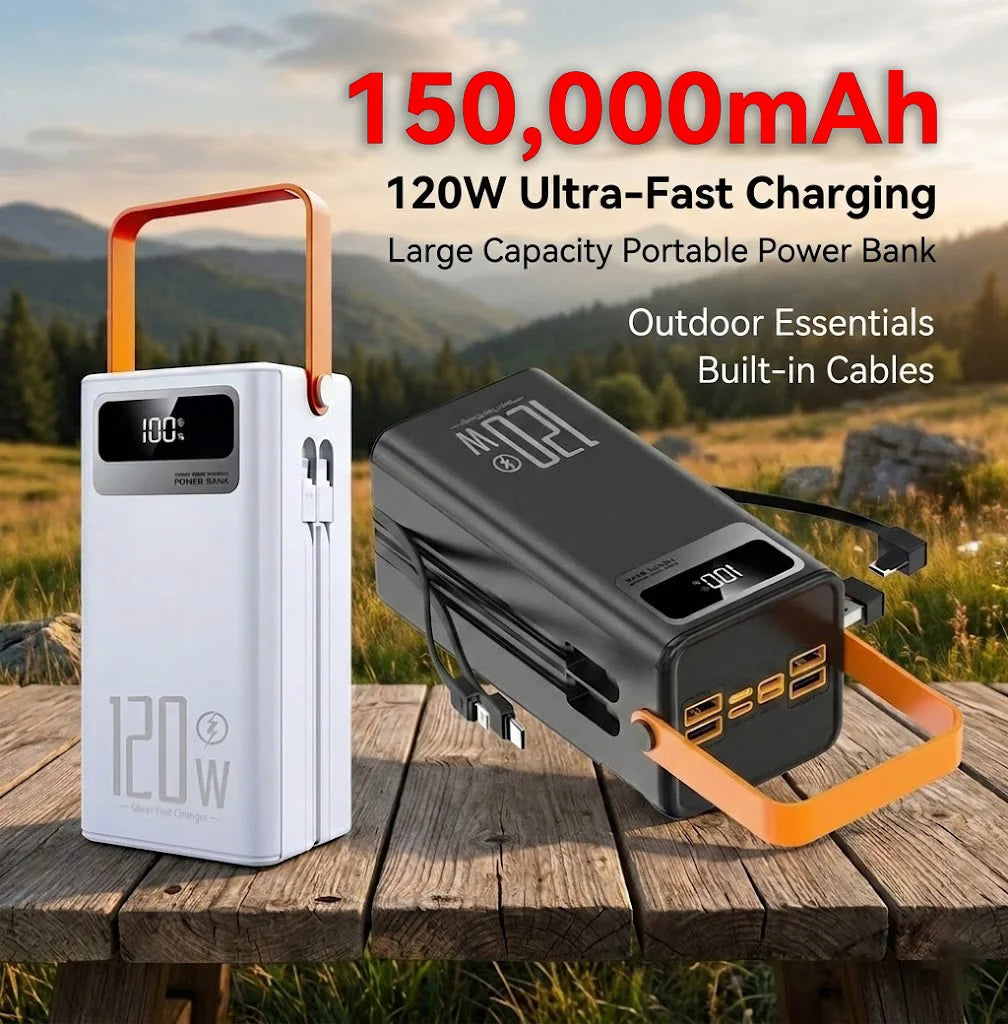 120W 150000mAh Fast Charging Power Bank Large Capacity Outdoor Mobile Power Supply External Spare Battery for Outdoor Camping Car Mobile World