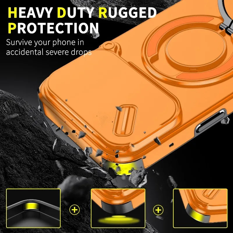 Luxury Heavy Duty Rugged Armor Magnetic Bracket Case For iPhone 17Air 16 15 14 17 Pro Max Plus Slide Camera Protection PC Cover Car Mobile World