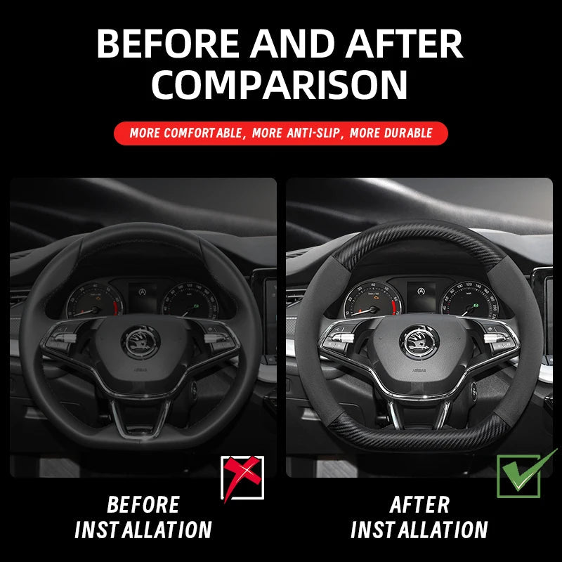 Suitable for Skoda Suede Matte Carbon Fiber Texture Steering Wheel Cover Suitable for Octavia 2 3 A7 1 Superb Roomster A5 Rapid Karoq Yeti Spaceback Fabia Monte Carlo Mk3 Accessories CM World
