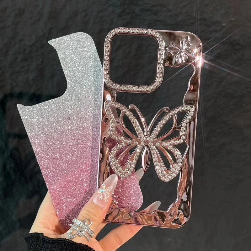 Luxury Soft Butterfly Diamond Phone Case For iPhone 11 12 13 14 15 16 17 Pro Max Plus Air Glitter Bumper Back Cases Cover