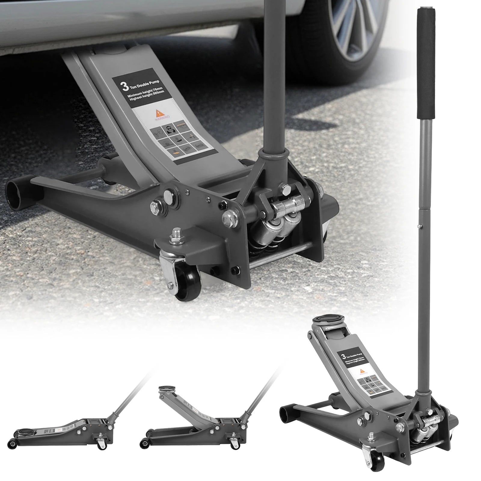 3T Dual Pumps Hydraulic Lift with Big Wheels Adjustable Off Road Jack Rust Proof For Small Cars & Trucks CM World
