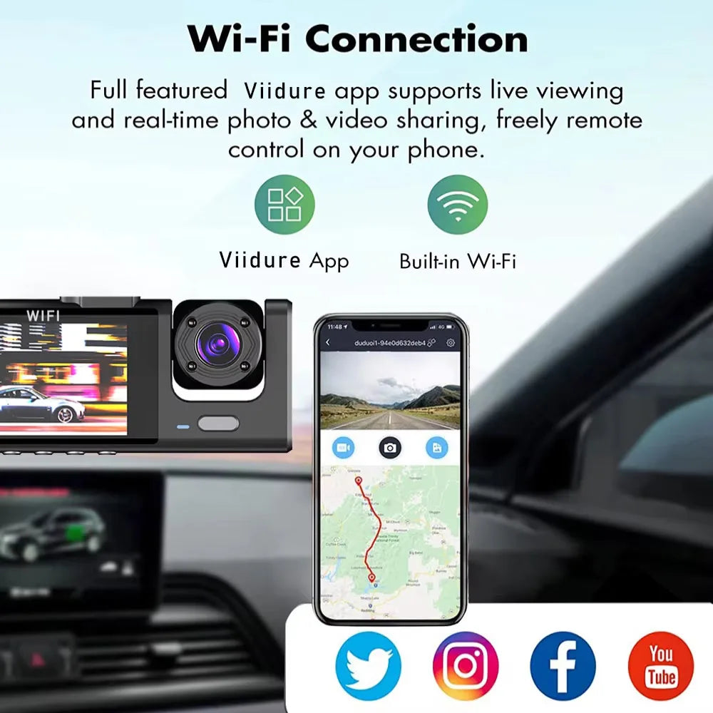 WiFi 3 Channel Car DVR Three Way Dash Cam Inside Vehicle Camera DVRs Recorder FHD 1080P Video Mini Registrator Dashcam Camco