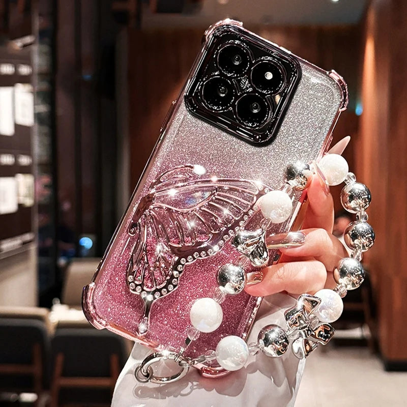 Shockproof Plating Glitter Butterfly Bracket Bracelet Case for iPhone 17 Air 16 15 14 13 12 11 17 Pro Max 16 Plus 16E Soft Cover Car Mobile World