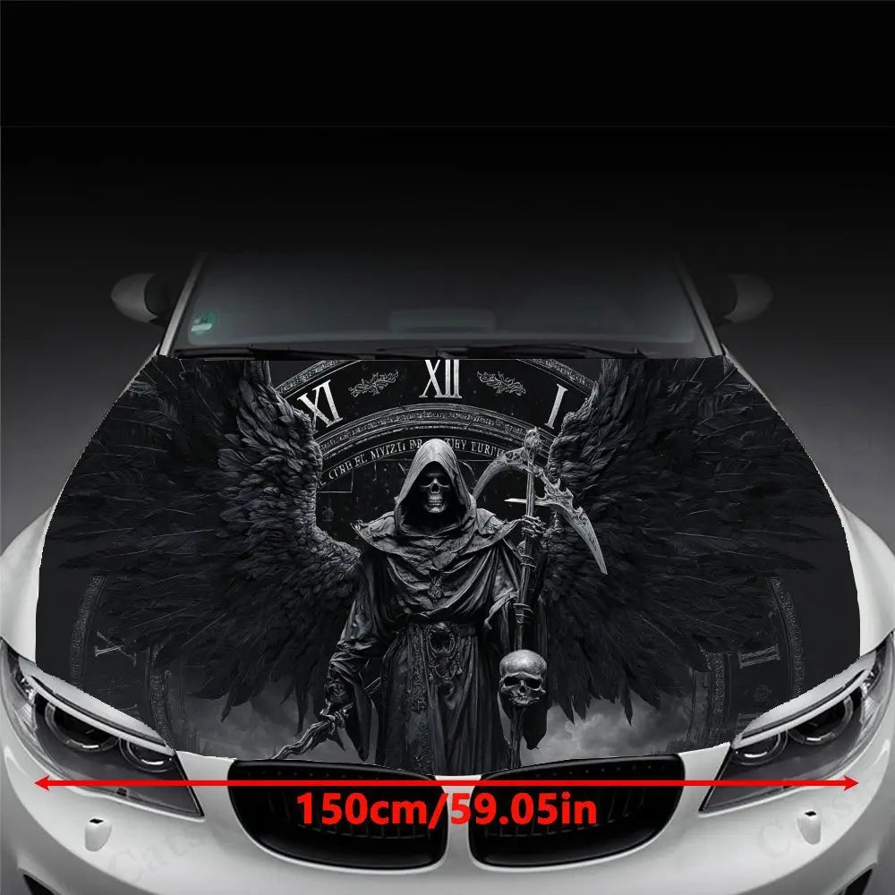 Clock & Winged Reaper Car Vinyl Wrap, PVC Waterproof Car Hood Sticker, Self-Adhesive Scratch-Resistant Stickers for Engine Cover