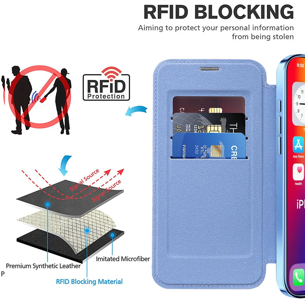 Luxury Transparent Flip Leather Wallet Magnetic Phone Case For iPhone 15 16 17 18 Pro Max 14 13 12 11 Card Bag For Magsafe Cover