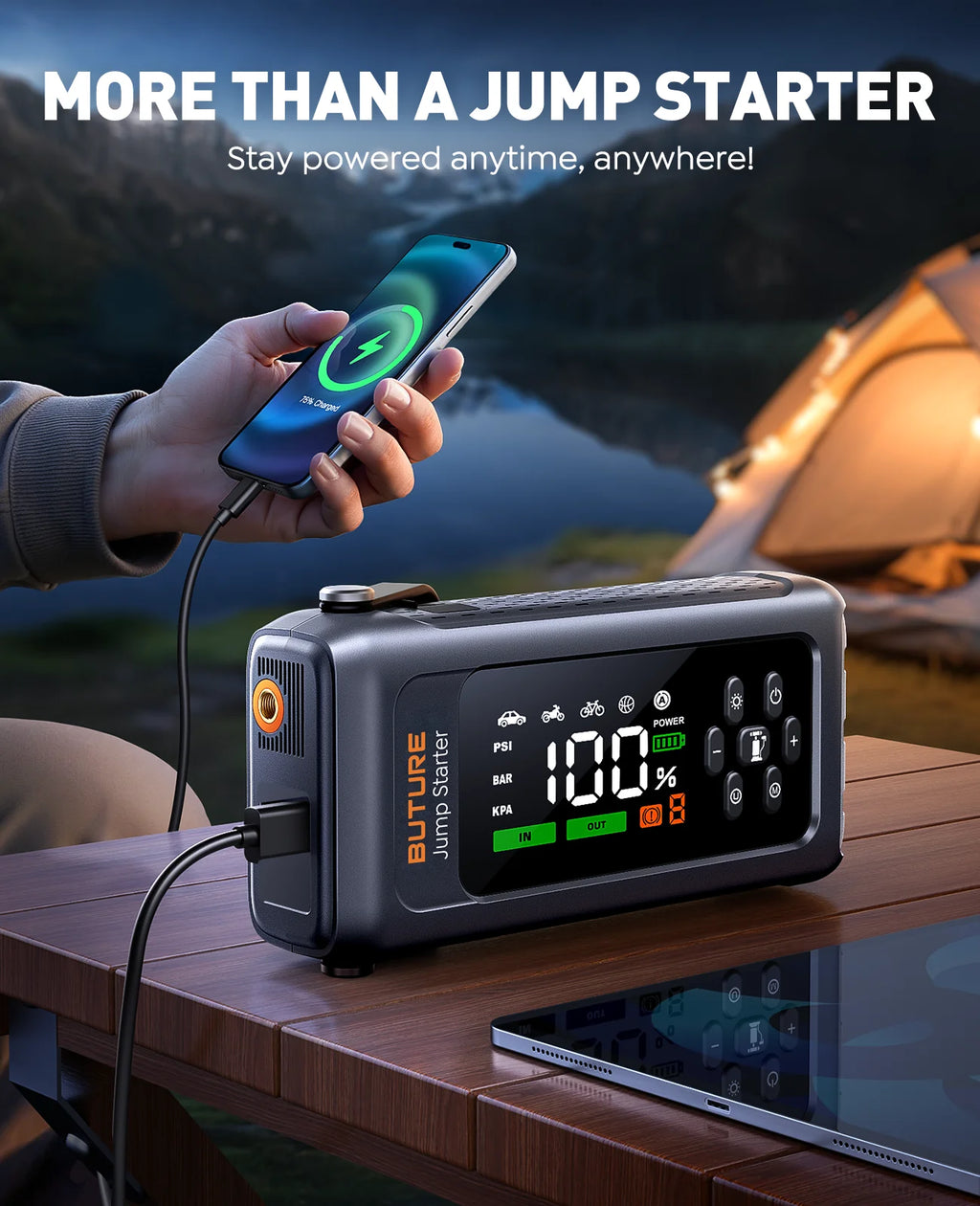 BUTURE 4 in 1 4500A Jump Starter 150PSI Tire Inflator Pumps 18W Fast Charging 16000mAh Portable Power Bank Car Starting Device