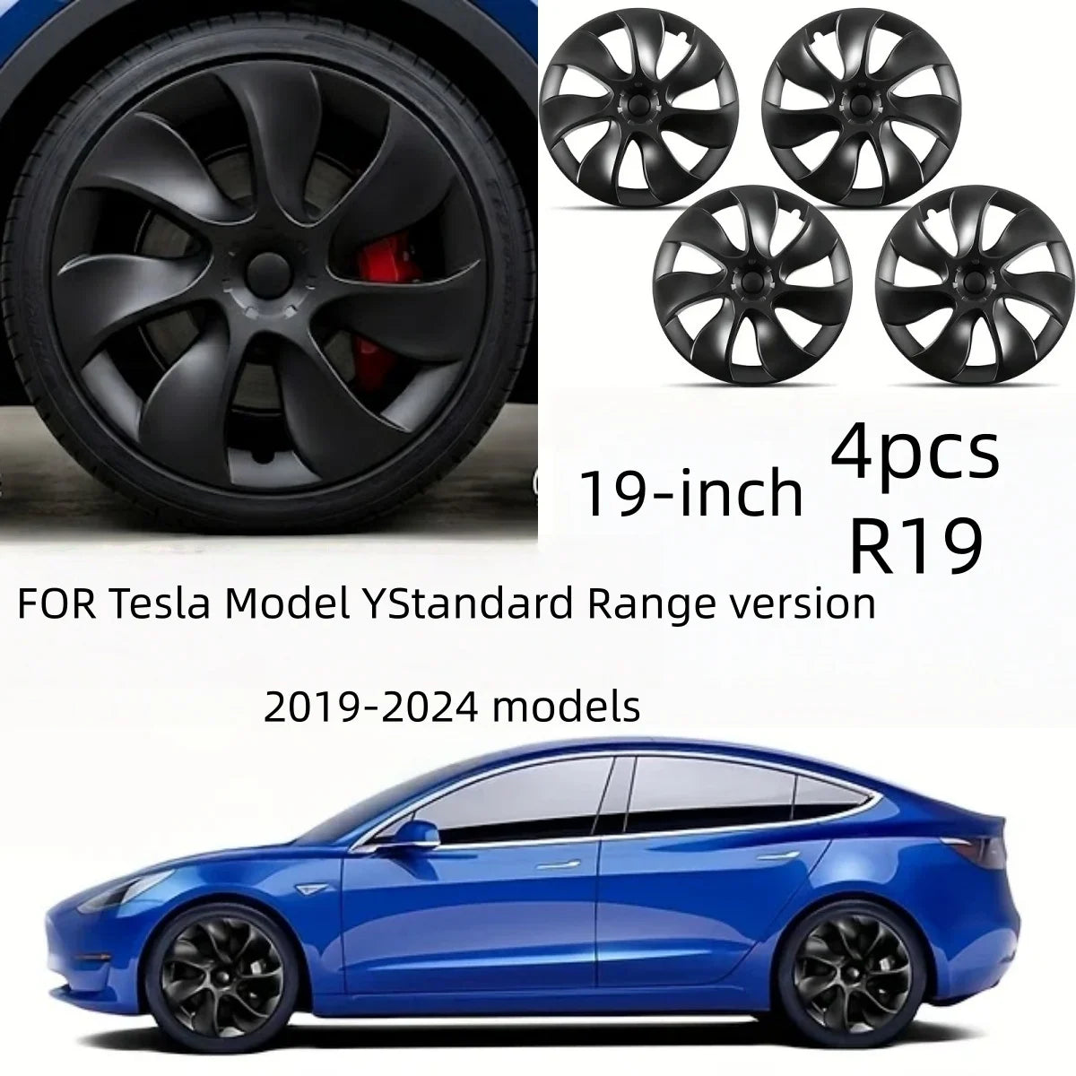 4Pcs 19 Inch Hubcap For Model Y 2020-2024 Wheel Cover Symmetric Turbine Matte Black Full Rim Protector Car Exterior Accessories