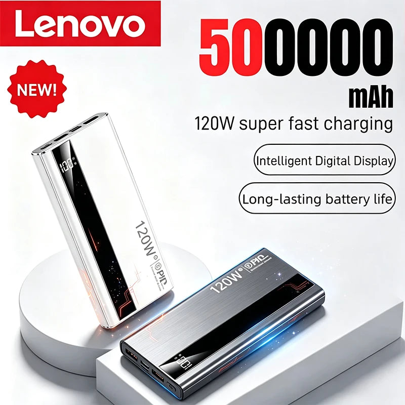 Lenovo 120W 500000mAh Power Bank High Capacity Fast Charging powerbank Portable Battery Charger for Huawei iPhone Samsung
