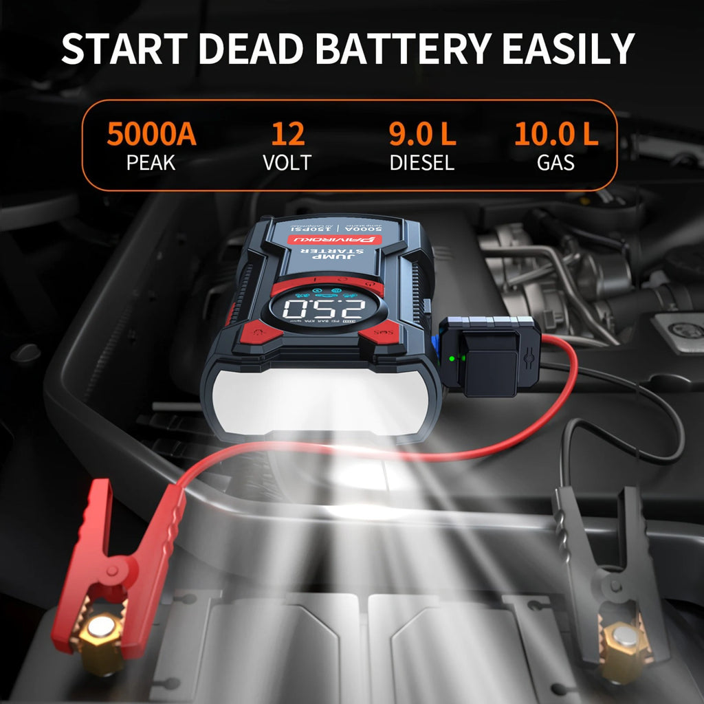 PAIVIROKU 5-in-1 Jump Starter with Air Pump 5000APeak Starter 150PSI Digital Tire Inflator Car Battery Jump Starter Power Bank
