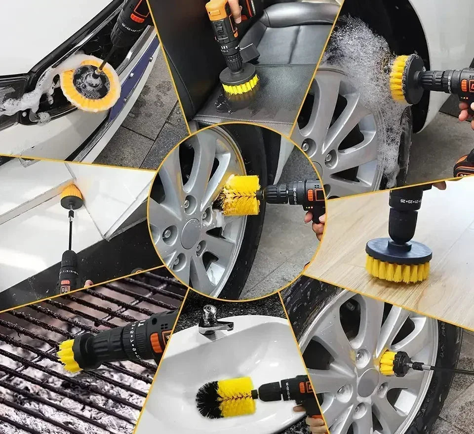 7-Piece Multi-Purpose Cleaning Drill Brush Attachment Set With Extension Pole For Floor Automotive Use
