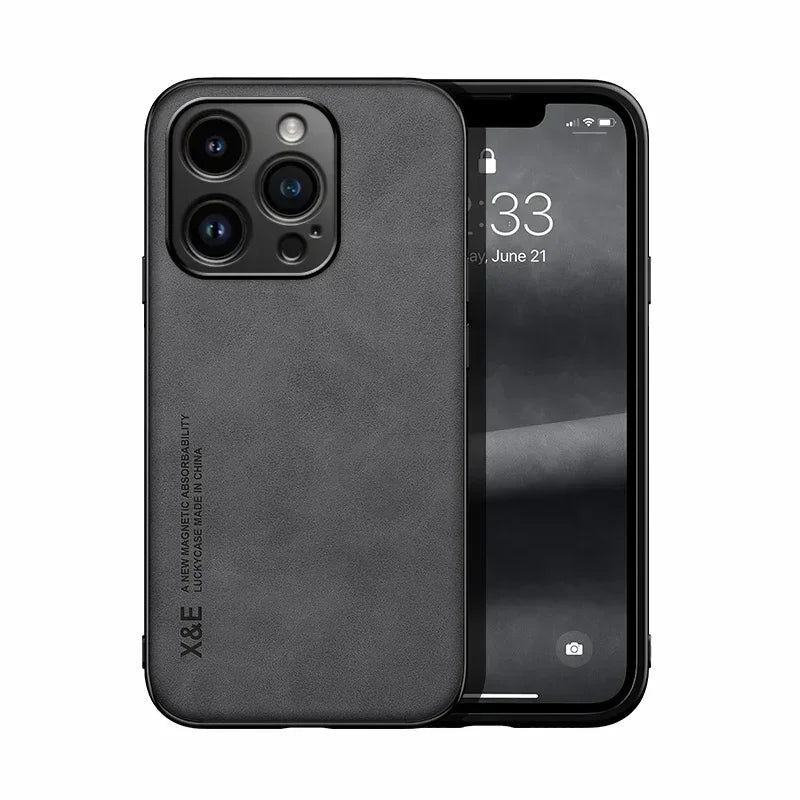 Luxury Leather Case For iPhone 17 16 16e 15 14 13 12 11 Pro Max Plus 12 13 Mini SE 8 7 Cover With Metal Plate Support Car Hold Car Mobile World