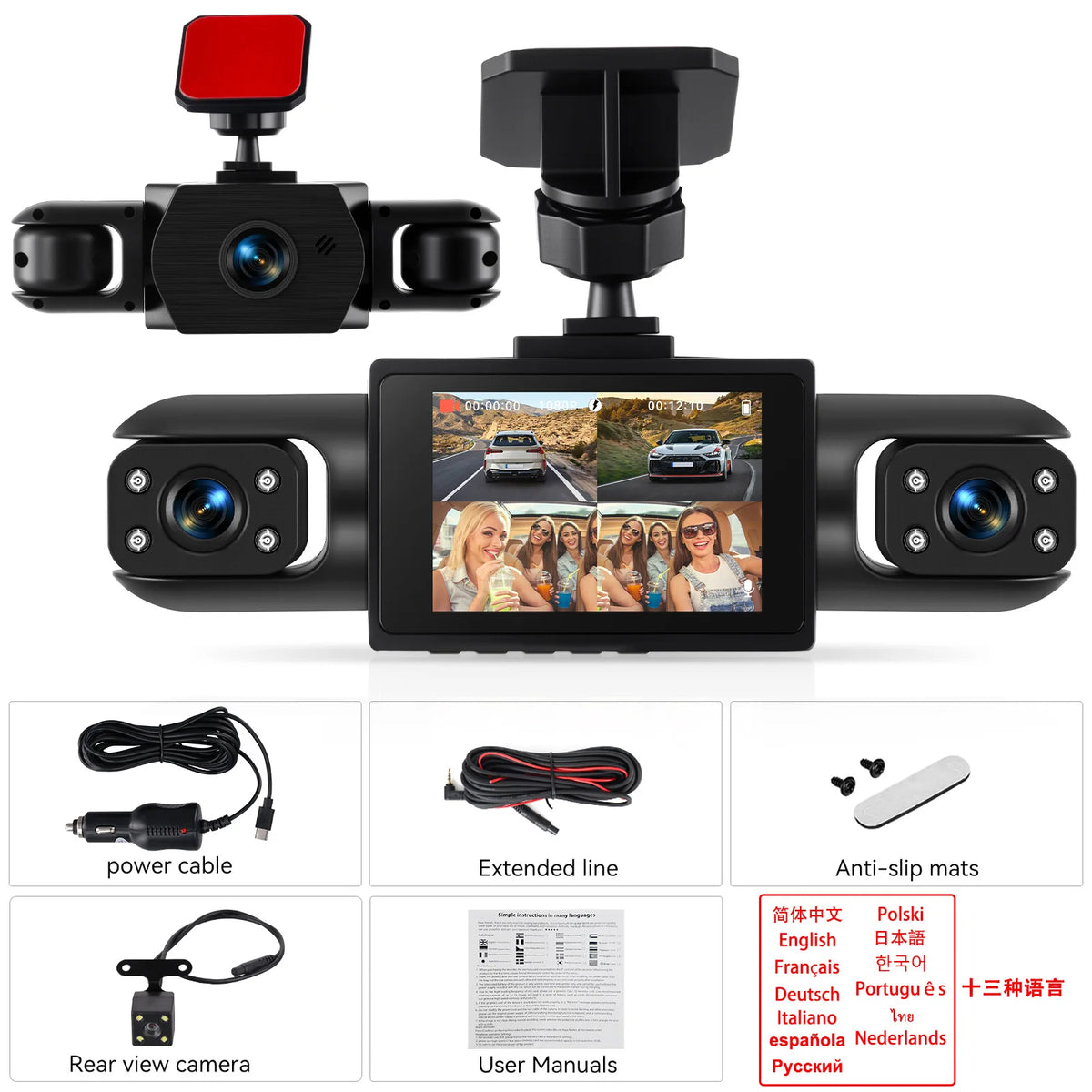 Podofo Four-Channel Car DashCam With 480P Left Interior, Right Interior, and Rear Cameras Car DVR Video Recorder Night Vision Loop Recording, Reversing Help Camera Recorder