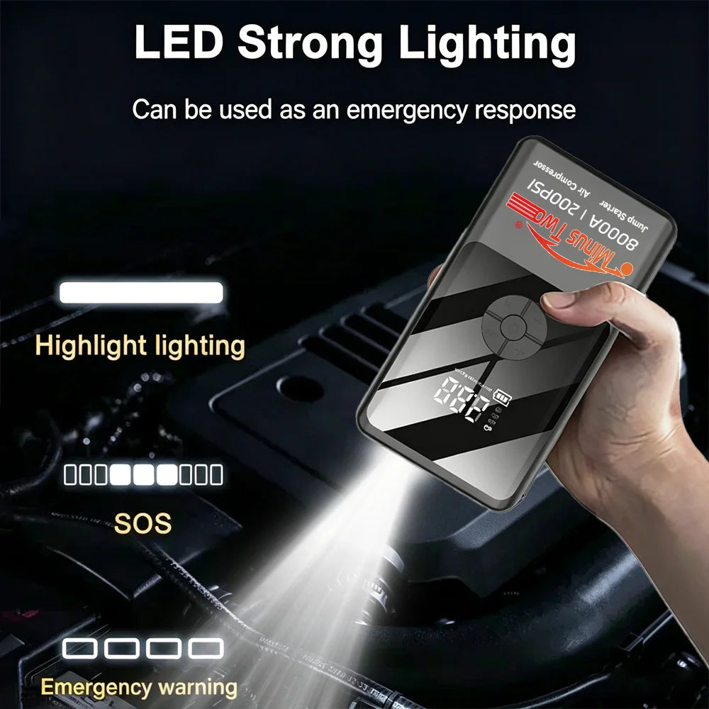Smart Digital Display Jump Starter & Air Pump Combo Portable Electric Tire Inflator Emergency Car Booster with 12V Starter.