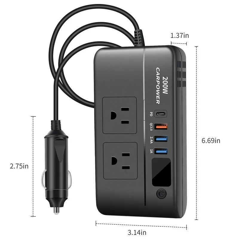 200W car inverter, DC 12V to 110V AC car power inverter with USB Type -C Used for computer,cars and trucks (black) CM World