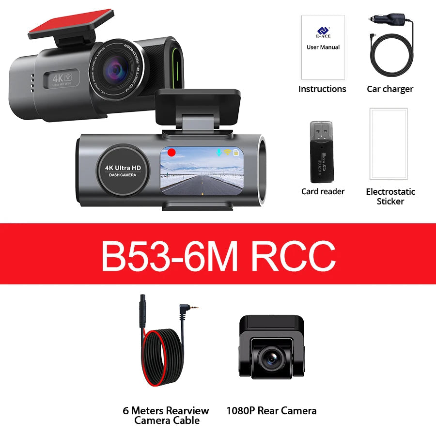 4K Dash Cam Built-in WiFi APP Control HD Night Vision Car Video Recorder Loop Recording G-sensor Car DVR Optional Rear Camera Car Mobile World