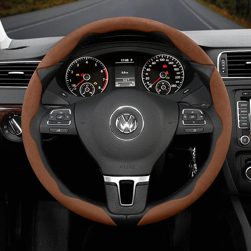 Suitable for Volkswagen Anti-Slip Buckle Segmented Suede Steering Wheel Cover Suitable for Polo Golf 5 6 7 Gol Cc Passat B6 B8 Jetta Scirocco T4 Crafter Taigo up Santana Nivus Tcros G3 Caddy Tiguan CM World
