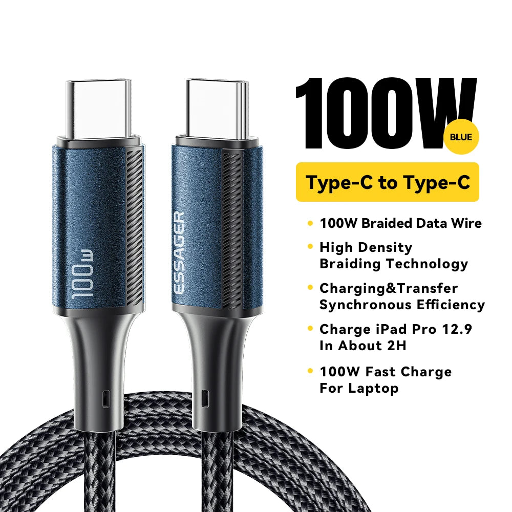 Essager PD 100W Type C to C Cable USB Type-C 5A Fast Charging Mobile Phone Cable For MacBook iPad Oneplus Xiaomi iPhone 15 Cable