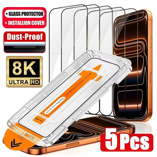 1-5Pcs Ultra HD Dust Free Screen Protector For iPhone 17 16 15 13 11 12 14 Pro Max 16e 7 8 Plus SE 17 Air Glass Easy Install Box Car Mobile World
