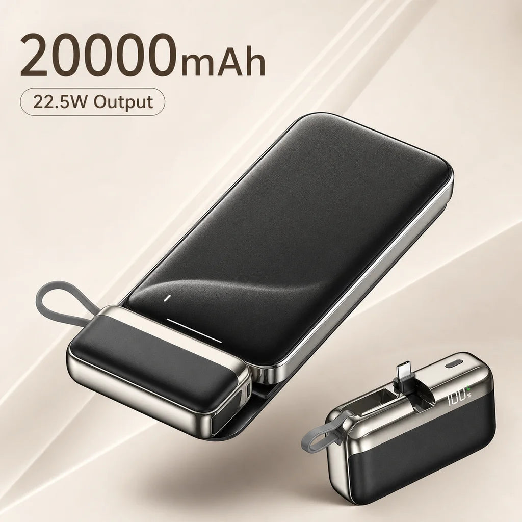Mini Capsule Power Bank 20000mAh 22.5W Fast Charging USB-C Built-in Cable Portable Charger For iPhone Samsung Travel