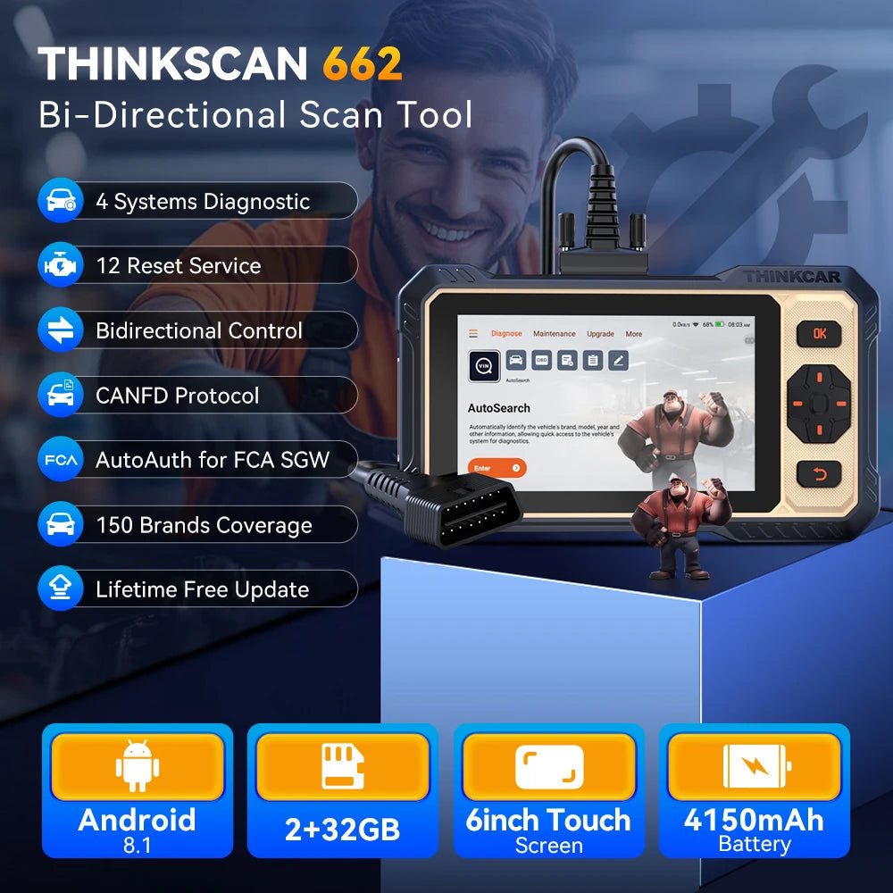 THINKSCAN 662 OBD2 Scan Tool Support CAN FD, Bi-direction Actuation 4 System Diagnosis 12 Reset Car Scanner Lifetime Free Update Car Mobile World
