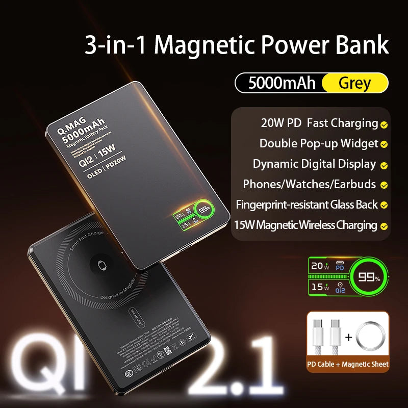 QI 2.1 Magnetic Powerbank Wireless Fast Charing Spare Portable External Battery for iPhone 12-17 Pro Watch Airpods 5000/10000mAh Car Mobile World